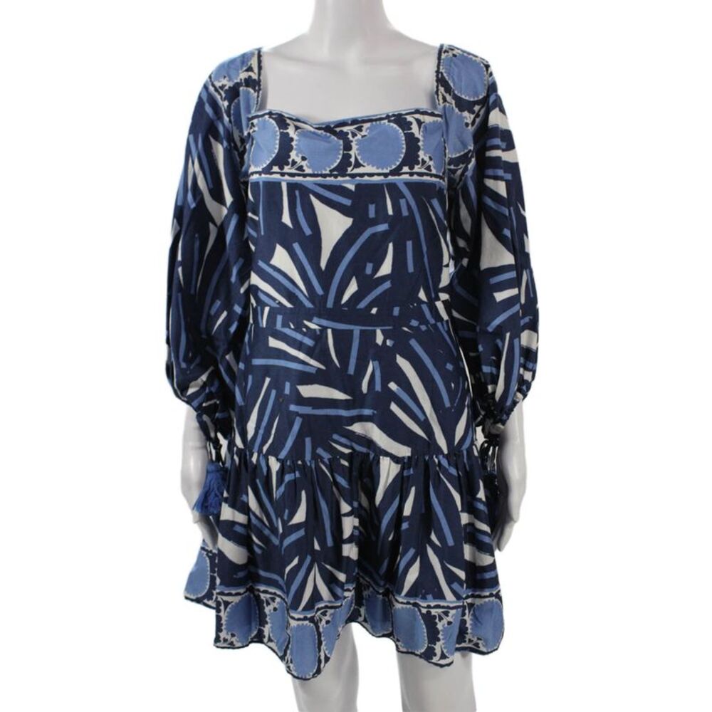 Alexis Women Mini Shirt Dress Dark Blue Cotton Square Neck 3/4 Sleeve Size L